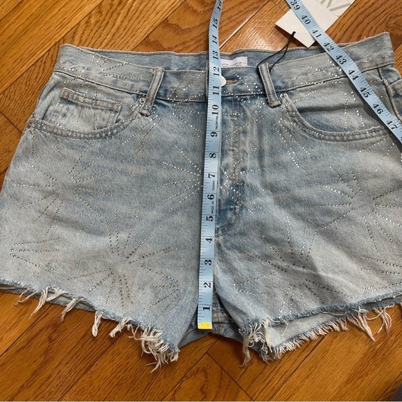 ZARA Rhinestone Fireworks Blue Denim Ripped Jean Shorts Sz 40/ US 8 - Picture 11 of 13